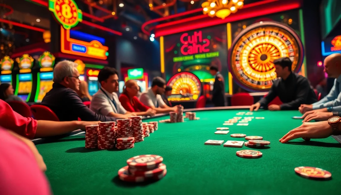 Players enjoy a thrilling game at ok8386a.com's luxurious poker table, surrounded by vibrant slot machines.