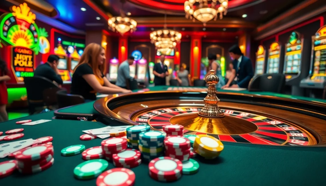 Experience the thrill of betting at https://mm88.today/, featuring players at a roulette table in a bustling casino.