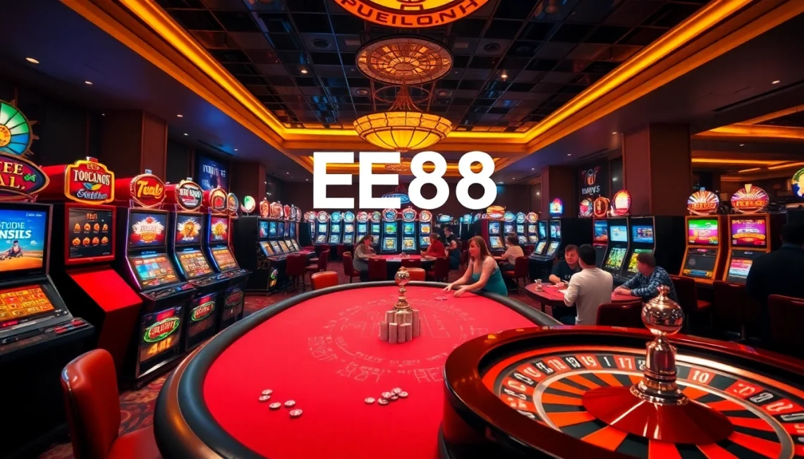 EE88's engaging poker table scene showcases high-stakes action with vibrant chips and lively players in a top casino.