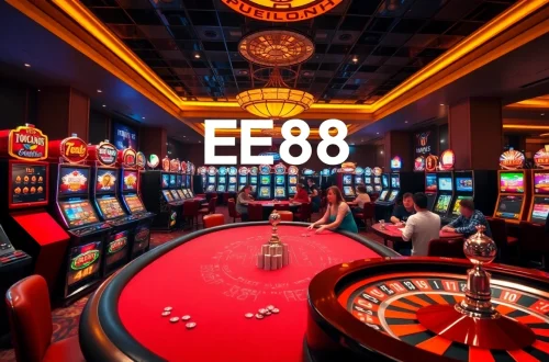 EE88's engaging poker table scene showcases high-stakes action with vibrant chips and lively players in a top casino.