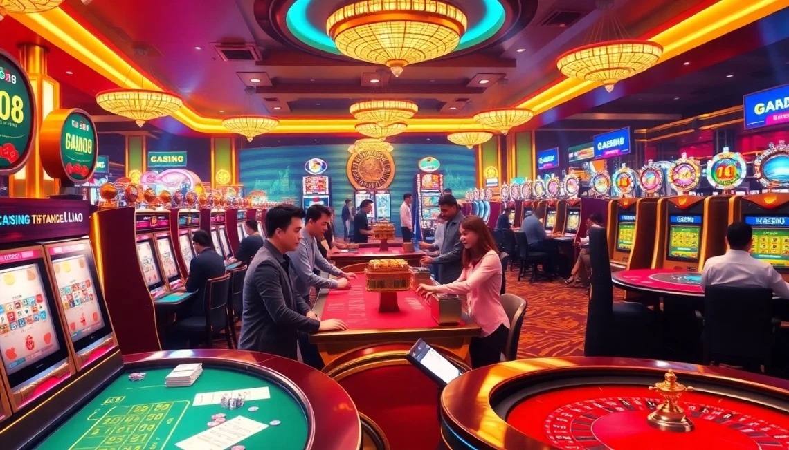 The TA88 casino scene captures the thrill of gambling with vibrant tables and players engaged in games.