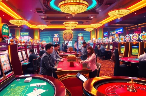 The TA88 casino scene captures the thrill of gambling with vibrant tables and players engaged in games.