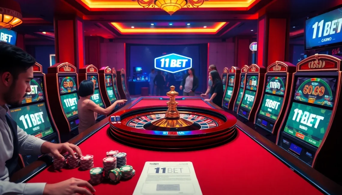 Gamblers place bets at the lively 11BET online casino, featuring a roulette wheel and slot machines.