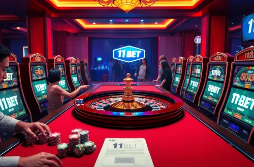 Gamblers place bets at the lively 11BET online casino, featuring a roulette wheel and slot machines.