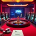 Gamblers place bets at the lively 11BET online casino, featuring a roulette wheel and slot machines.