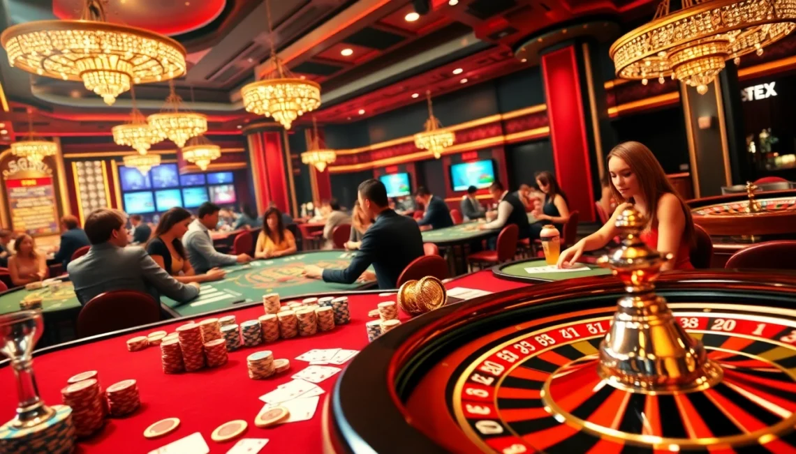 Players engaging at casino tables filled with excitement at 52bet, featuring poker chips and roulette wheels.