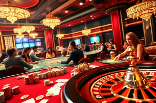 Players engaging at casino tables filled with excitement at 52bet, featuring poker chips and roulette wheels.