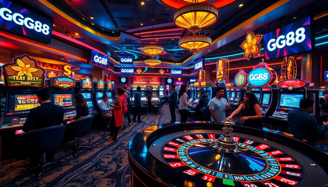 GG88 vibrant slot machines and roulette action in a lively casino atmosphere.
