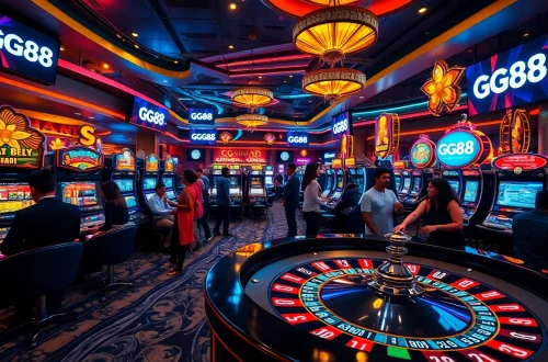 GG88 vibrant slot machines and roulette action in a lively casino atmosphere.