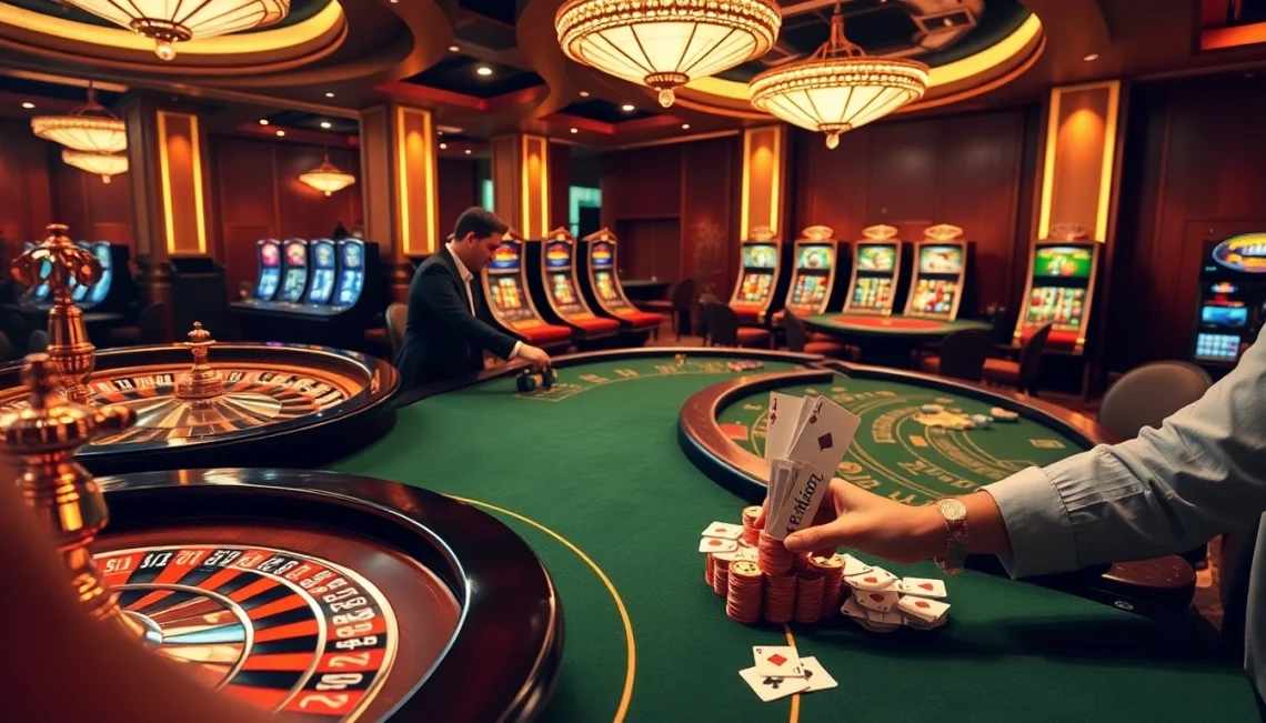Players enjoying thrilling games at 67bet casino, featuring roulette and poker with vibrant décor.