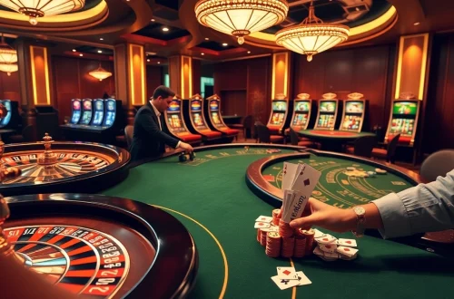 Players enjoying thrilling games at 67bet casino, featuring roulette and poker with vibrant décor.