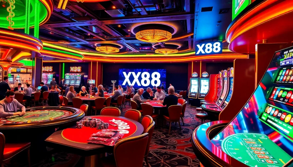 Experience the thrill of the casino with players at tables showcasing XX88 gaming excitement, vibrant colors, and dynamic action.