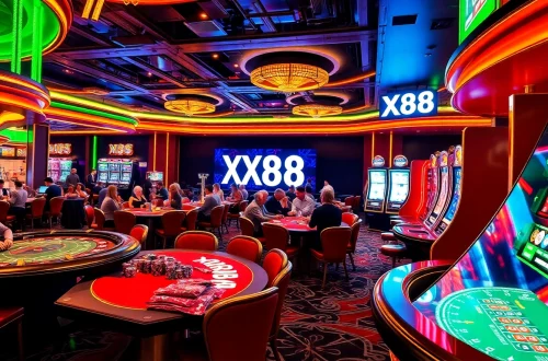 Experience the thrill of the casino with players at tables showcasing XX88 gaming excitement, vibrant colors, and dynamic action.